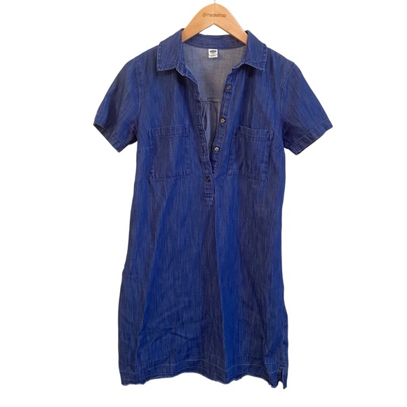 Old Navy Indigo Blue Cotton Short Sleeve Collar Chambray Shift Dress Small Tall - Picture 1 of 5